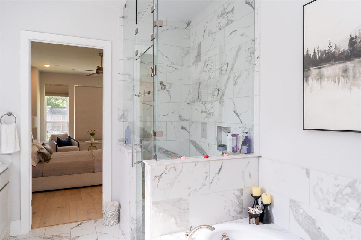 Bathroom, Glass Shower, Interior, Marble, Marble Walls, Recessed Lighting, Wood Texture Flooring