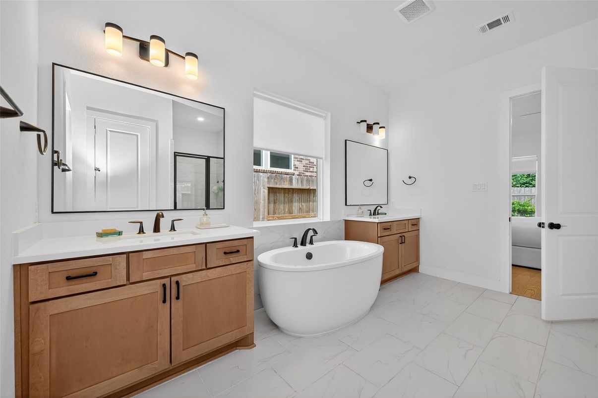 Bathroom, Dual Sink Vanities, Free Standing Baths, Interior, Marble