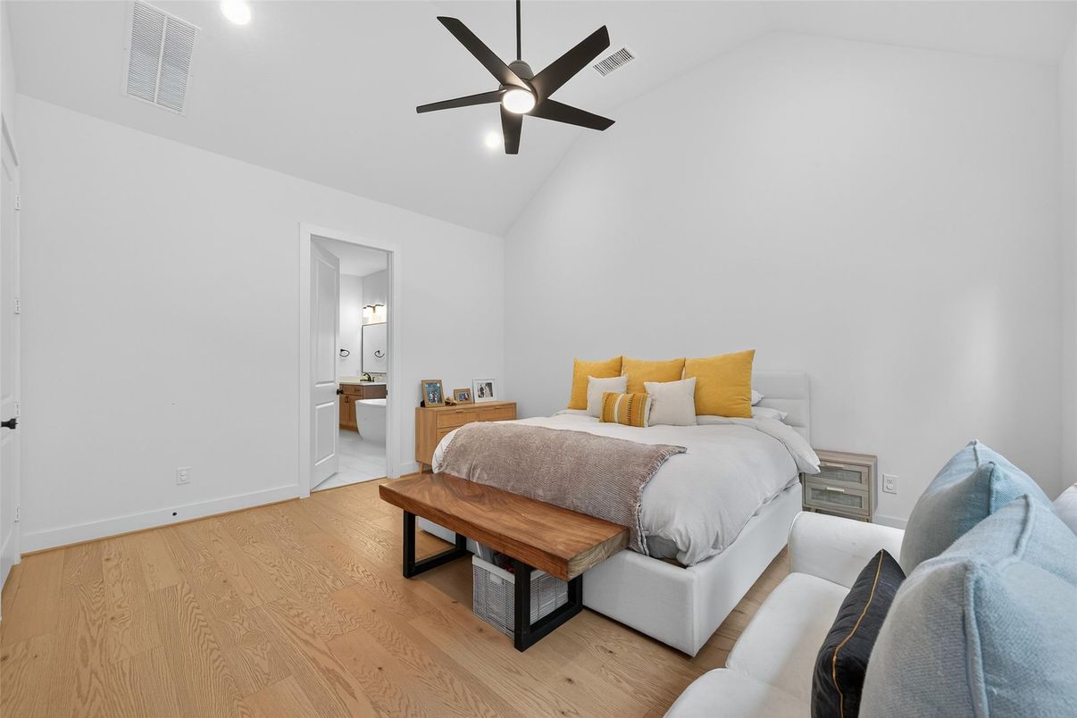 Bedroom, Interior, Recessed Lighting, Wood Texture Flooring