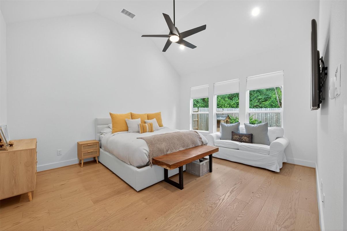 Bedroom, Interior, Recessed Lighting, Wood Texture Flooring