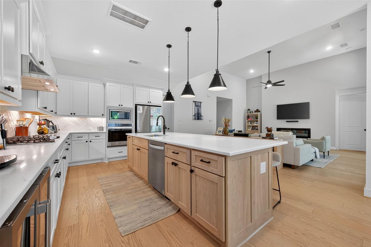 Interior, Kitchen, Living room, Pendant Lights, Recessed Lighting, Stainless Steel Appliances, Wood Texture Flooring