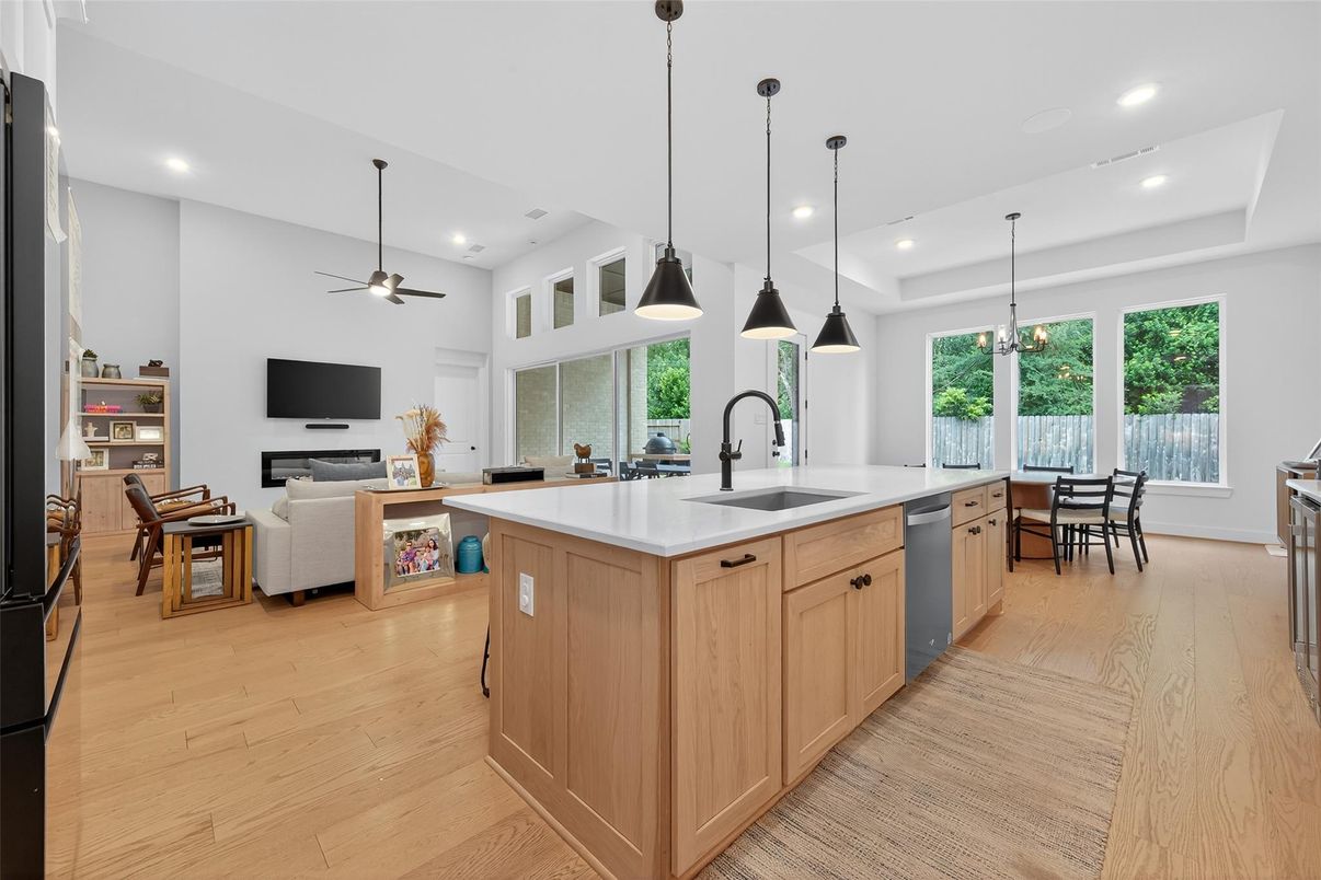 Dining room, Fireplace, Interior, Kitchen, Living room, Pendant Lights, Recessed Lighting, Wood Texture Flooring