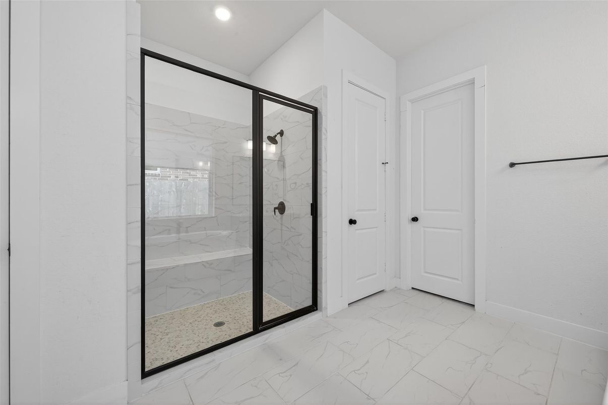 Bathroom, Glass Shower, Interior, Marble, Marble Walls, Recessed Lighting