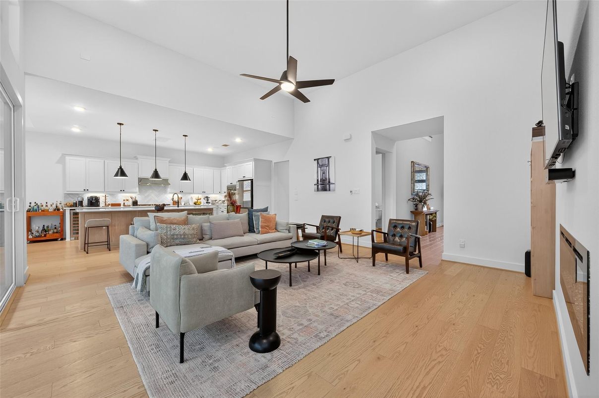Interior, Kitchen, Living room, Pendant Lights, Recessed Lighting, Wood Texture Flooring