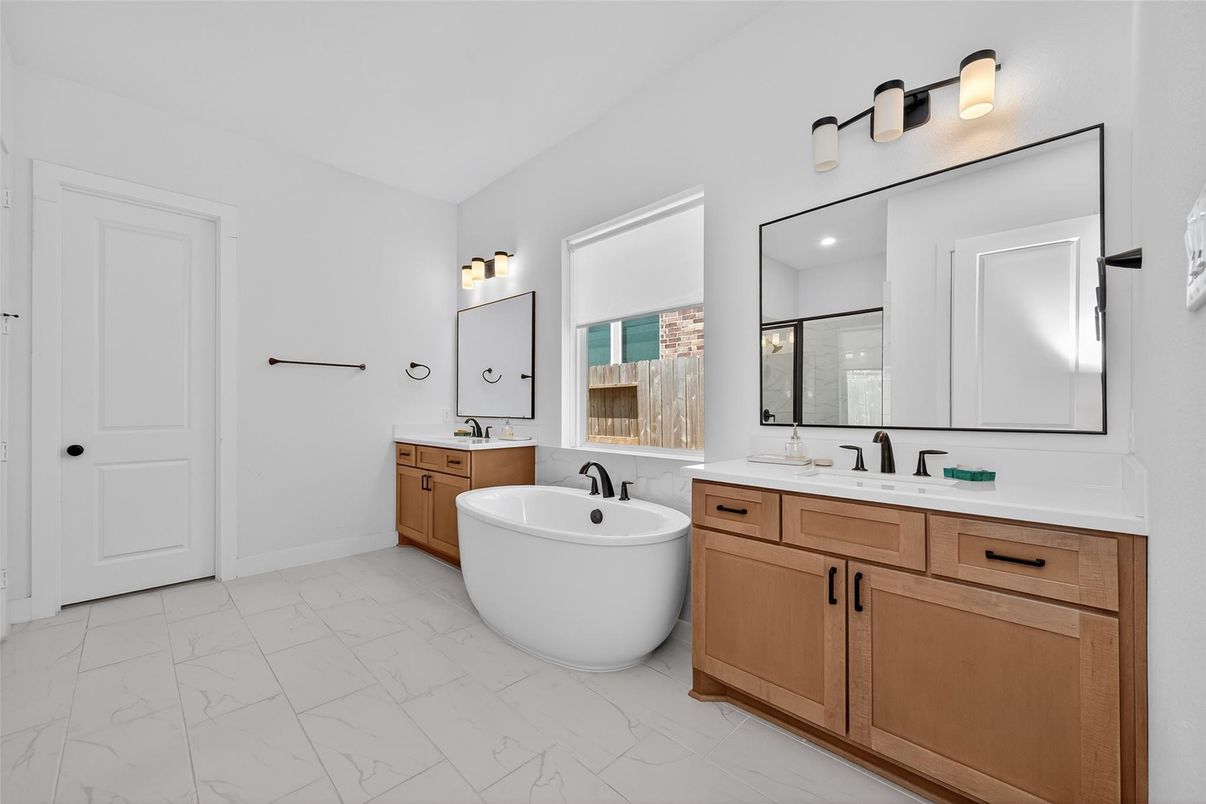 Bathroom, Dual Sink Vanities, Free Standing Baths, Interior, Marble