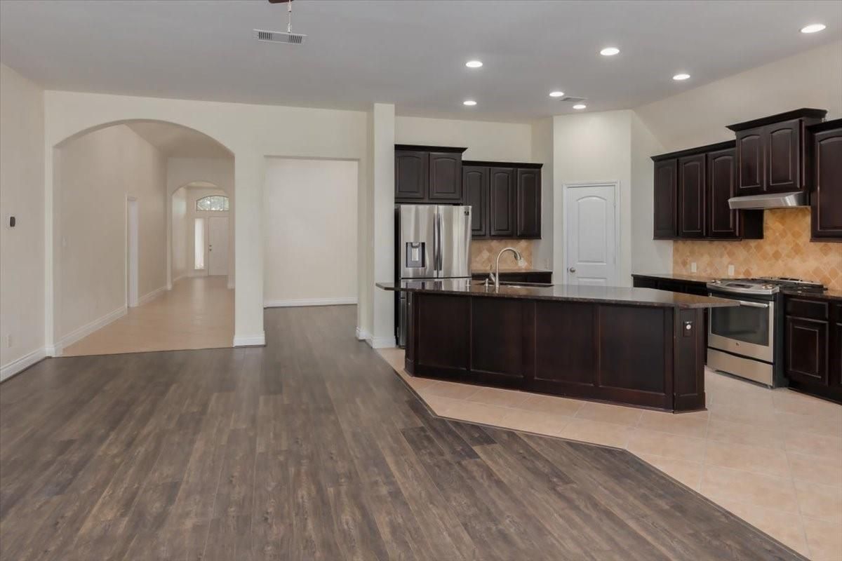Interior, Kitchen, Recessed Lighting, Stainless Steel Appliances, Wood Texture Flooring