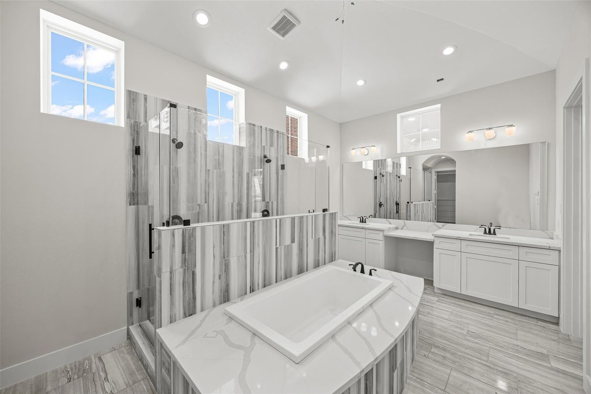 Bathroom, Dual Sink Vanities, Glass Shower, Interior, Recessed Lighting, Wood Texture Flooring