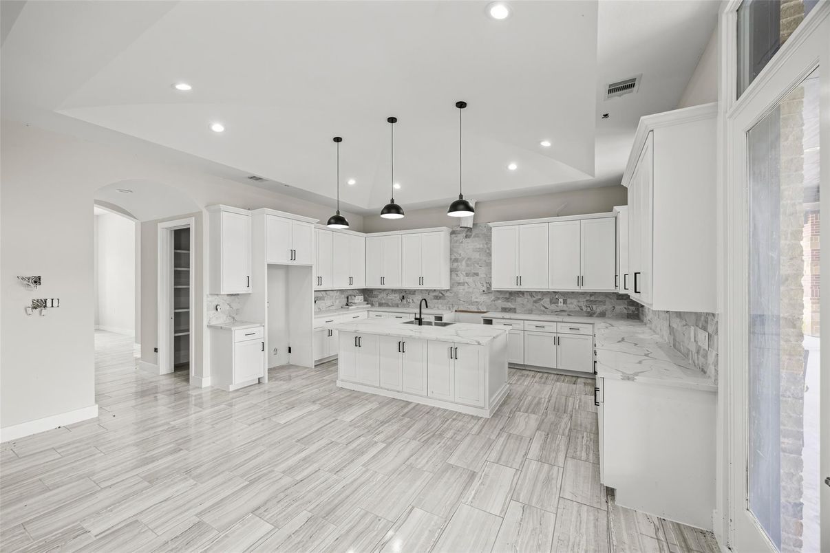 Interior, Kitchen, Pendant Lights, Recessed Lighting, Wood Texture Flooring