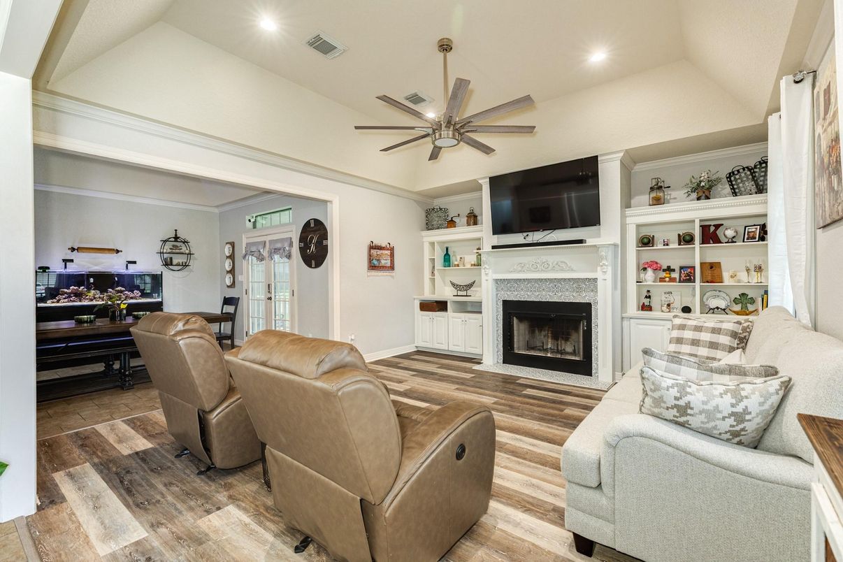 Fireplace, Interior, Living room, Recessed Lighting, Wood Texture Flooring