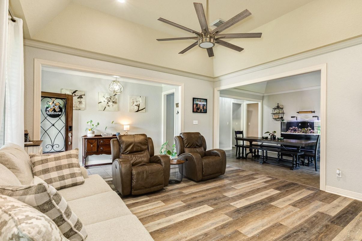 Dining room, Interior, Living room, Recessed Lighting, Wood Texture Flooring