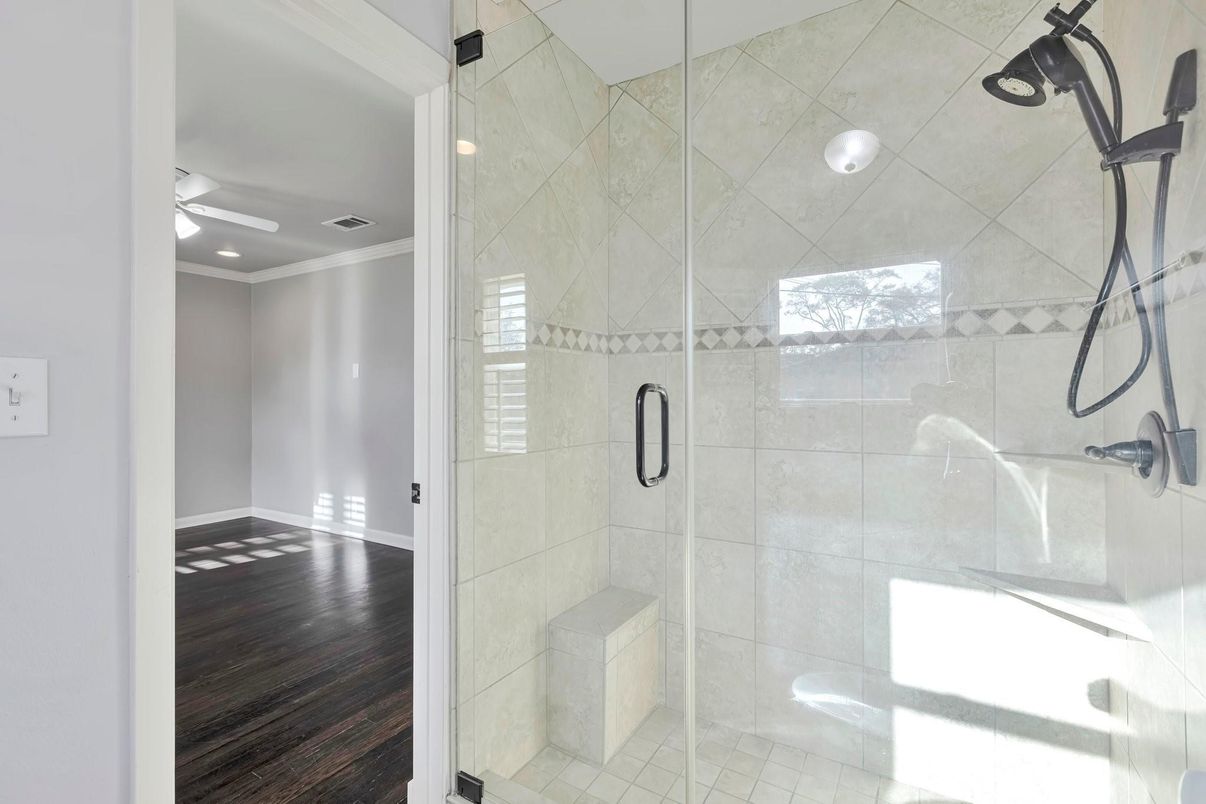 Bathroom, Glass Shower, Interior, Recessed Lighting, Wood Texture Flooring