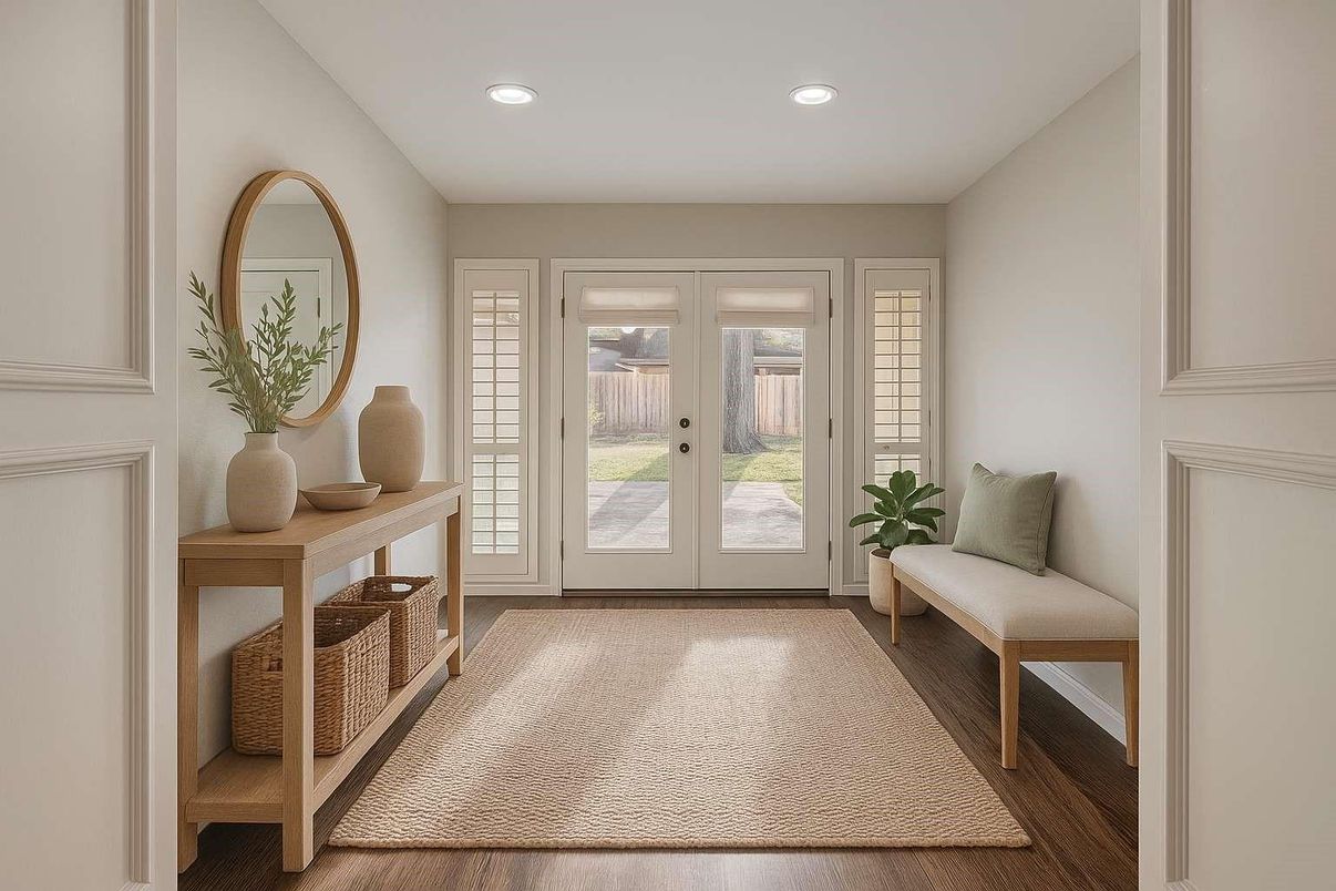 Chandelier, Empty room, Interior, Recessed Lighting, Wood Texture Flooring