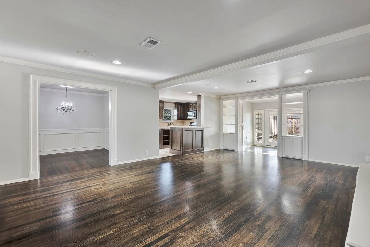 Chandelier, Empty room, Interior, Kitchen, Recessed Lighting, Wood Texture Flooring