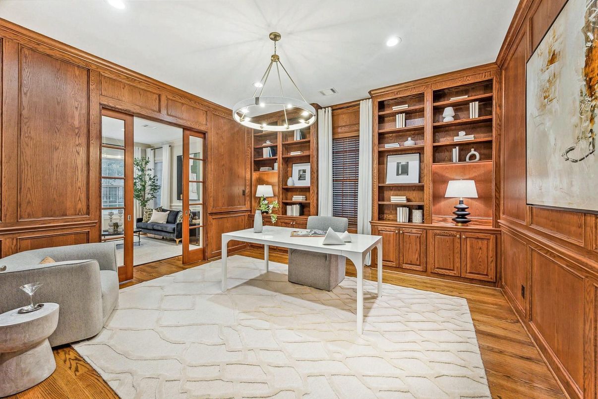 Home Office, Interior, Pendant Lights, Recessed Lighting, Wood Texture Flooring, Wooden Walls