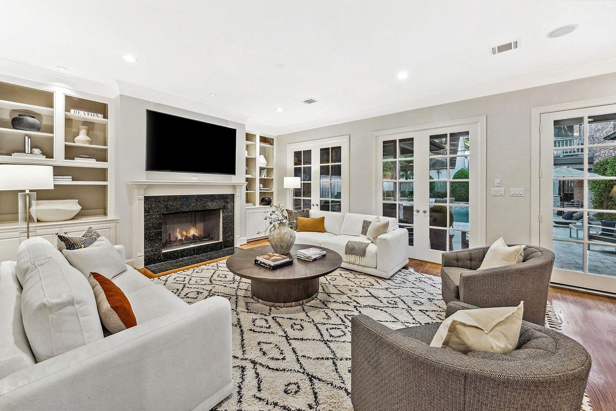 Fireplace, Interior, Living room, Recessed Lighting, Wood Texture Flooring
