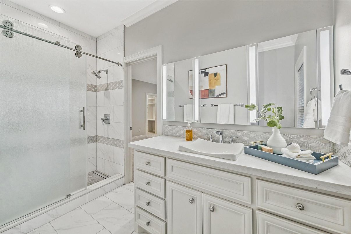 Bathroom, Dual Sink Vanities, Glass Shower, Interior, Marble, Recessed Lighting