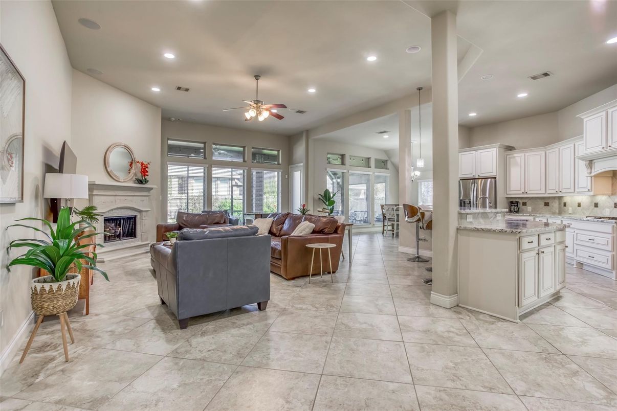 Fireplace, Interior, Kitchen, Living room, Pendant Lights, Recessed Lighting