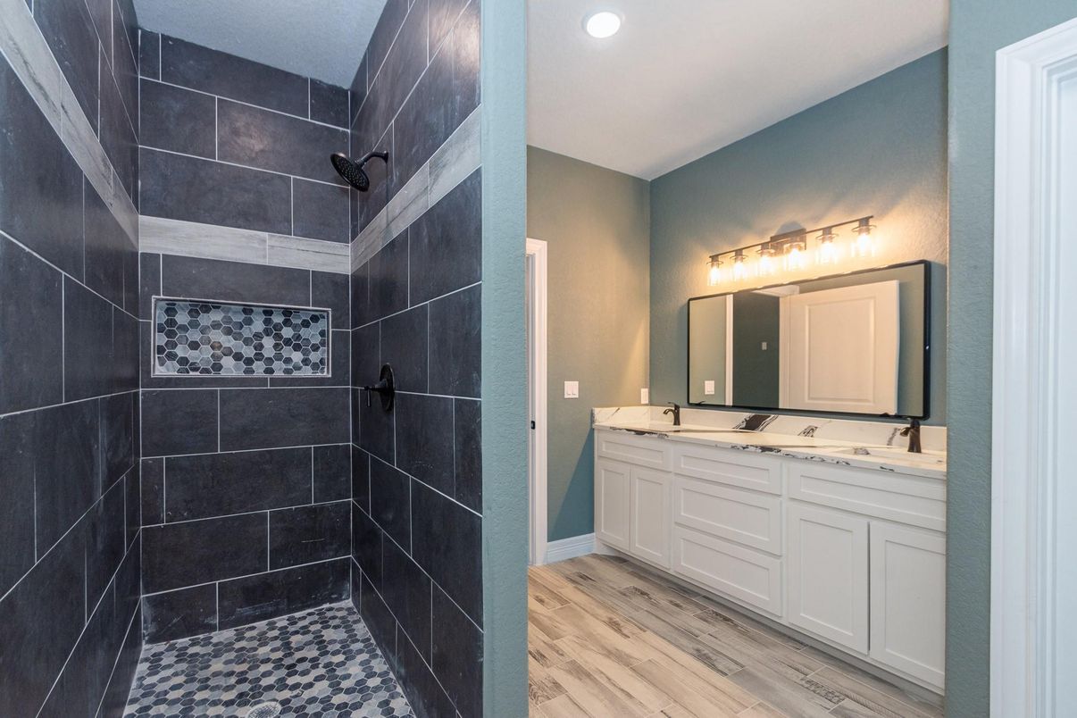 Bathroom, Dual Sink Vanities, Interior, Recessed Lighting, Wood Texture Flooring