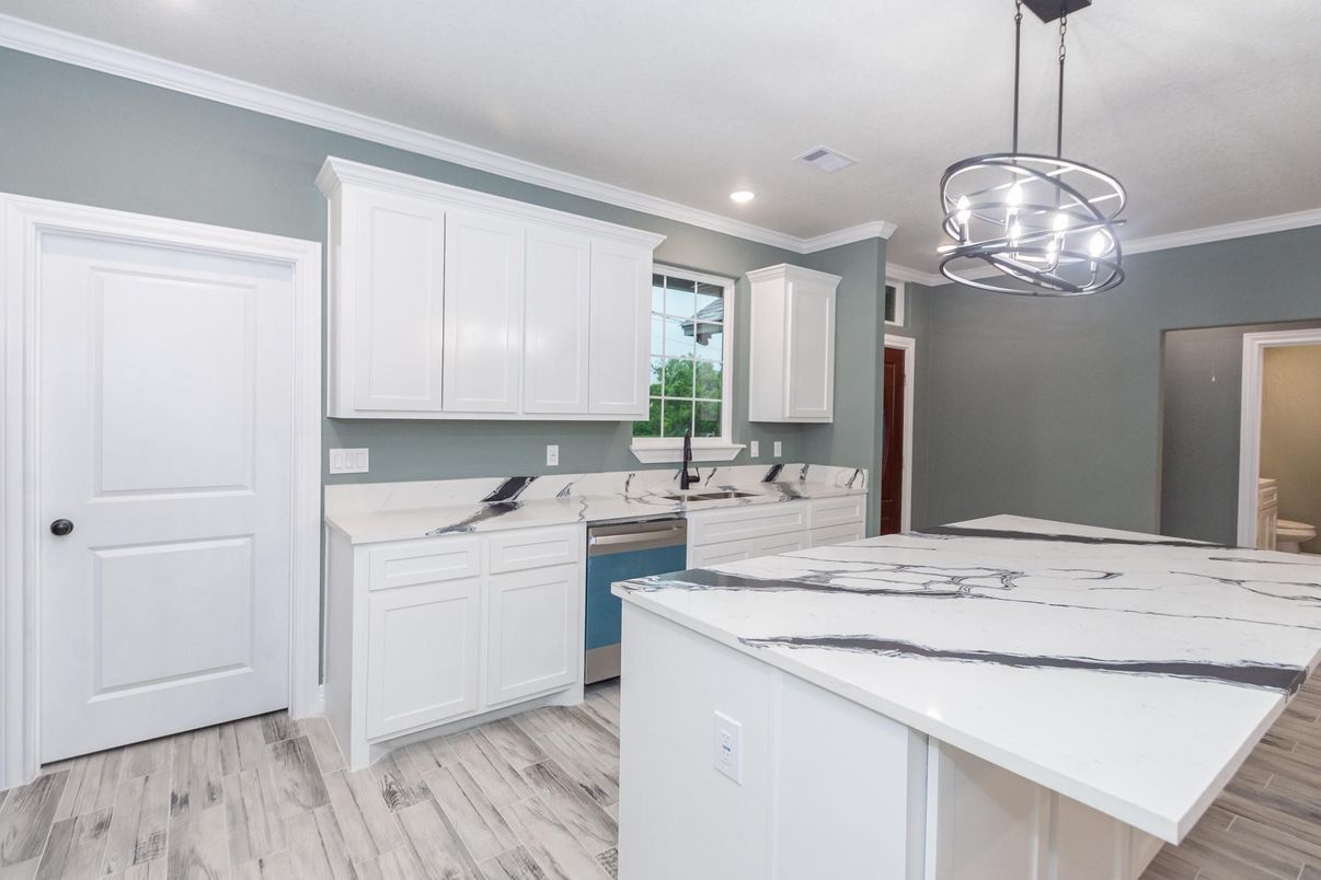 Interior, Kitchen, Pendant Lights, Recessed Lighting, Wood Texture Flooring