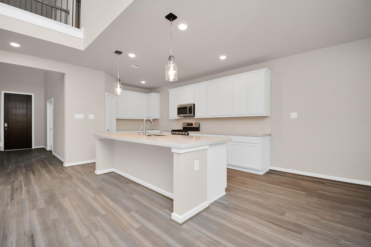 Interior, Kitchen, Pendant Lights, Recessed Lighting, Wood Texture Flooring