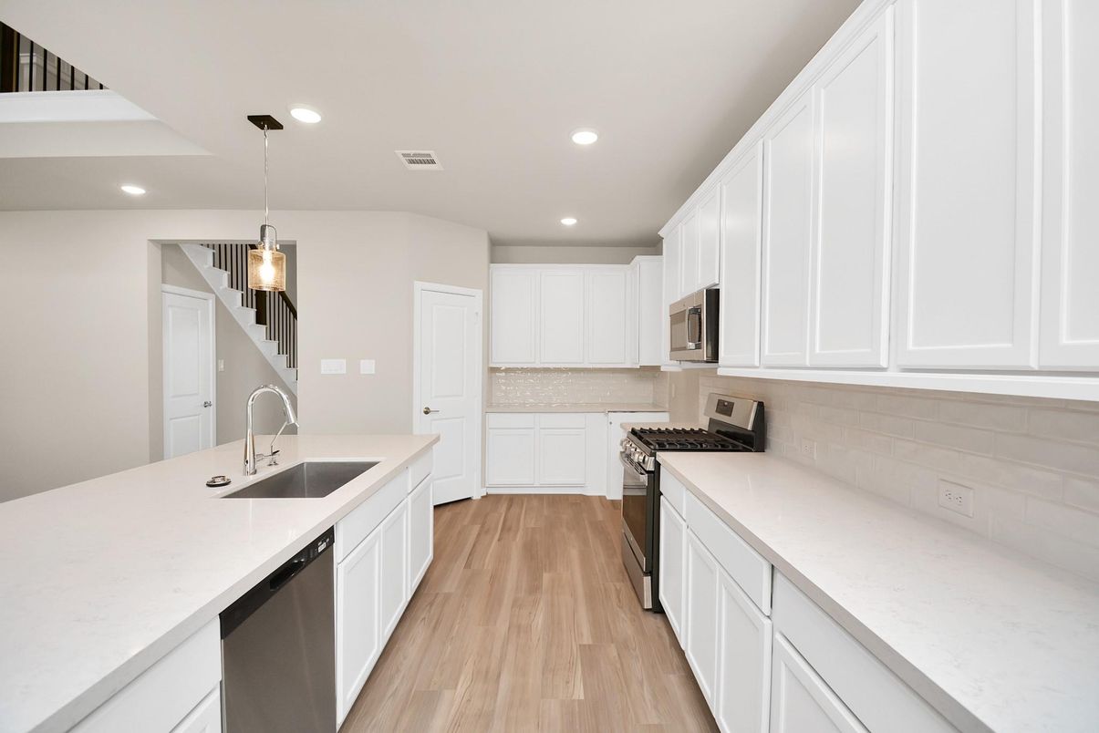 Interior, Kitchen, Pendant Lights, Recessed Lighting, Wood Texture Flooring