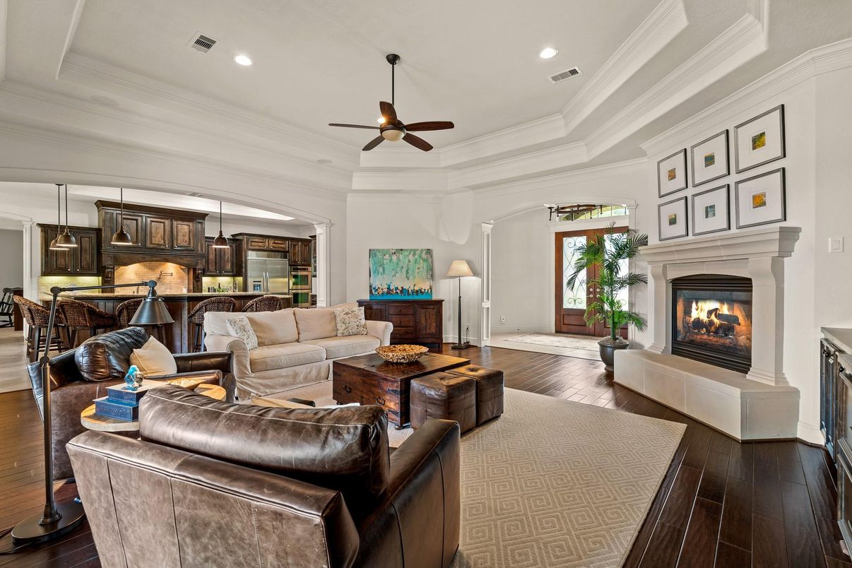 Dining room, Fireplace, Interior, Kitchen, Living room, Pendant Lights, Recessed Lighting, Wood Texture Flooring