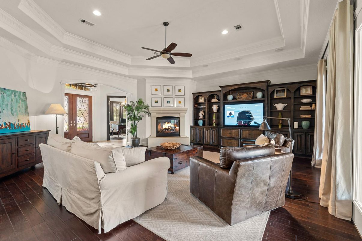 Fireplace, Interior, Living room, Recessed Lighting, Wood Texture Flooring