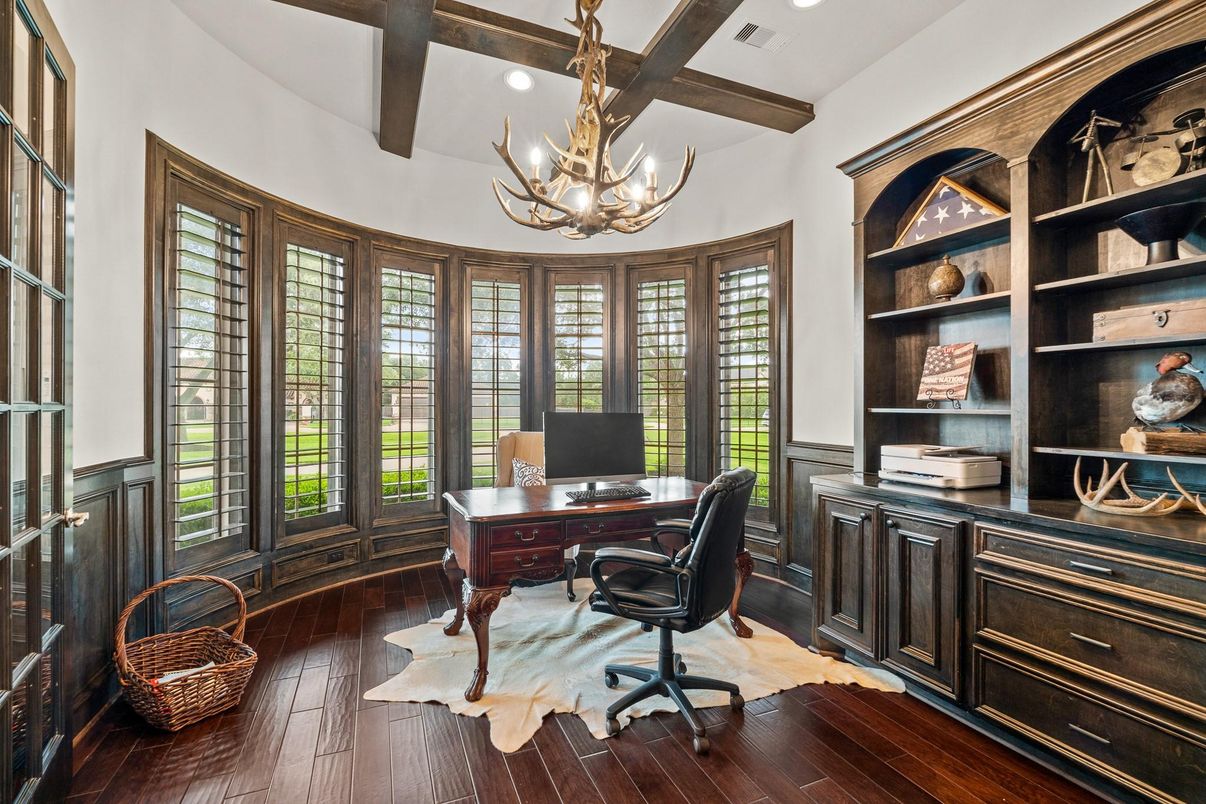 Chandelier, Home Office, Interior, Recessed Lighting, Wooden Beams, Wood Texture Flooring