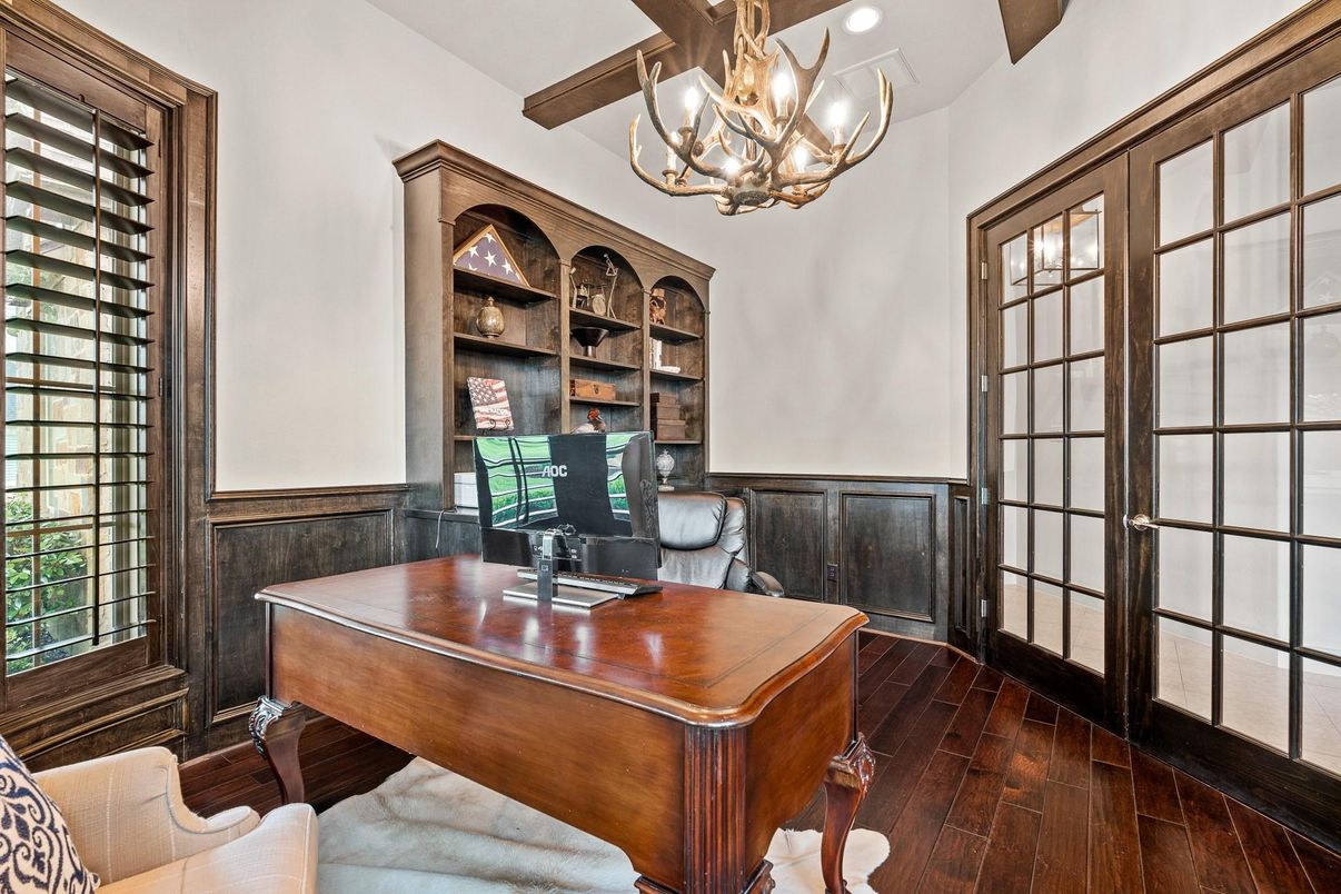 Chandelier, Home Office, Interior, Recessed Lighting, Wooden Beams, Wood Texture Flooring