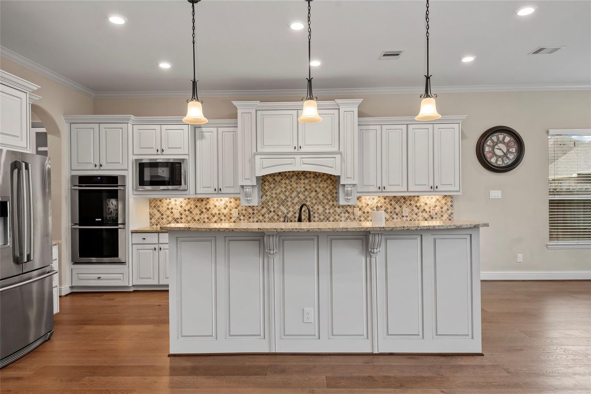 Interior, Kitchen, Pendant Lights, Recessed Lighting, Stainless Steel Appliances, Wood Texture Flooring