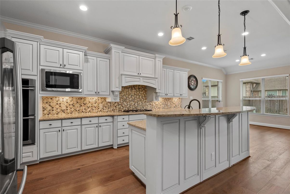 Interior, Kitchen, Pendant Lights, Recessed Lighting, Stainless Steel Appliances, Wood Texture Flooring