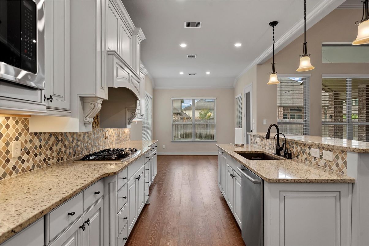 Interior, Kitchen, Pendant Lights, Recessed Lighting, Stainless Steel Appliances, Wood Texture Flooring