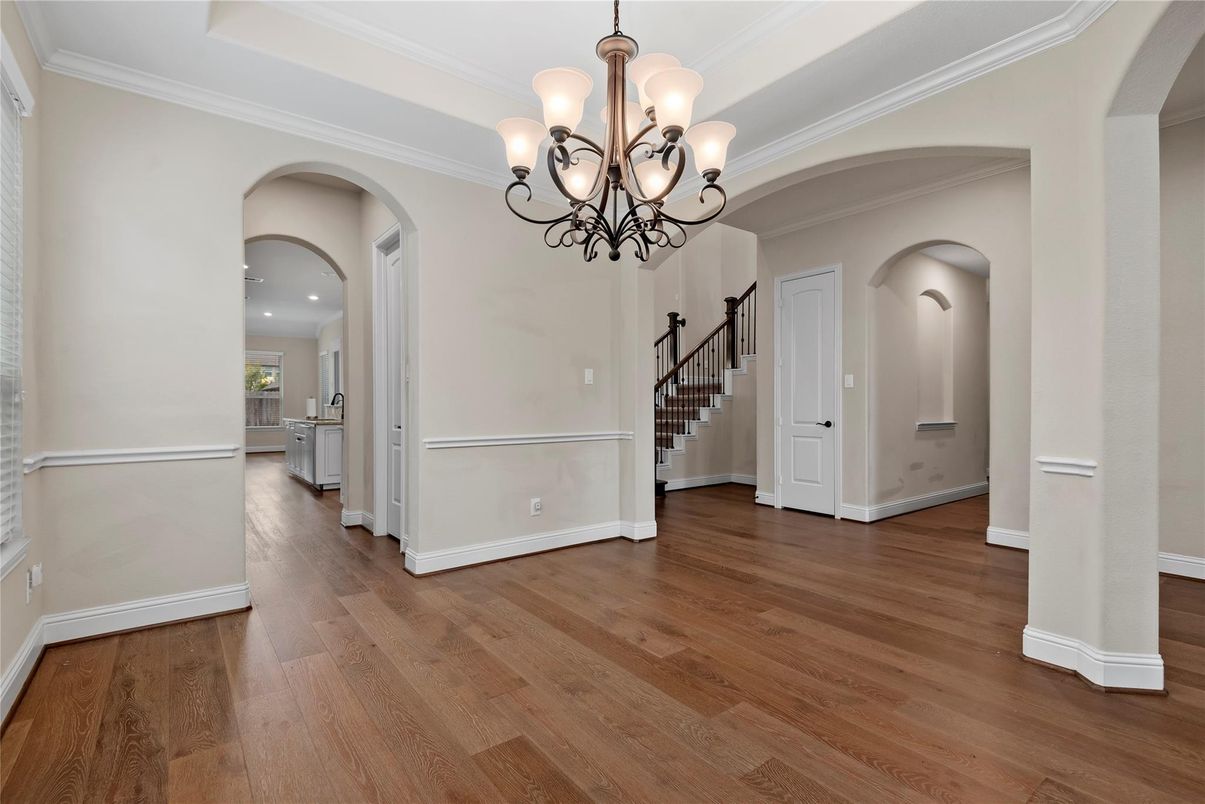 Chandelier, Empty room, Interior, Recessed Lighting, Wood Texture Flooring