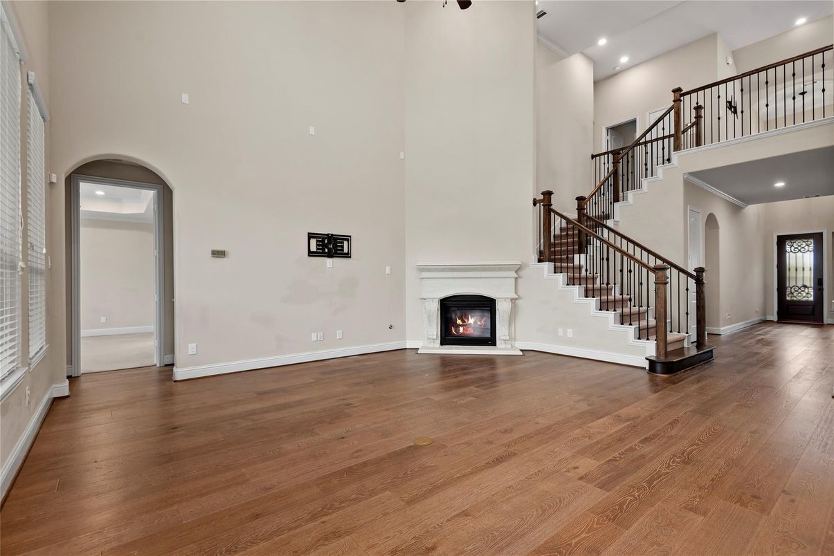 Fireplace, Interior, Recessed Lighting, Wood Texture Flooring