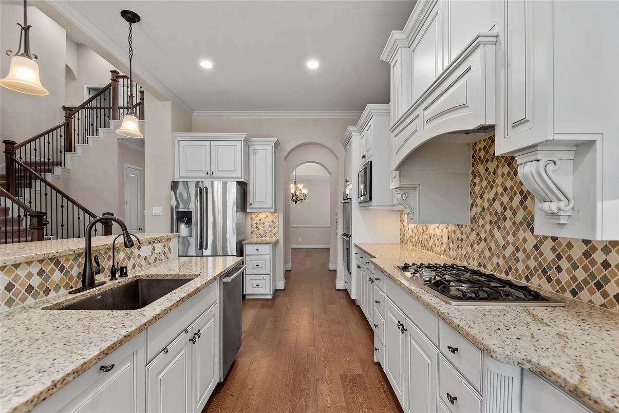 Interior, Kitchen, Pendant Lights, Recessed Lighting, Stainless Steel Appliances, Wood Texture Flooring