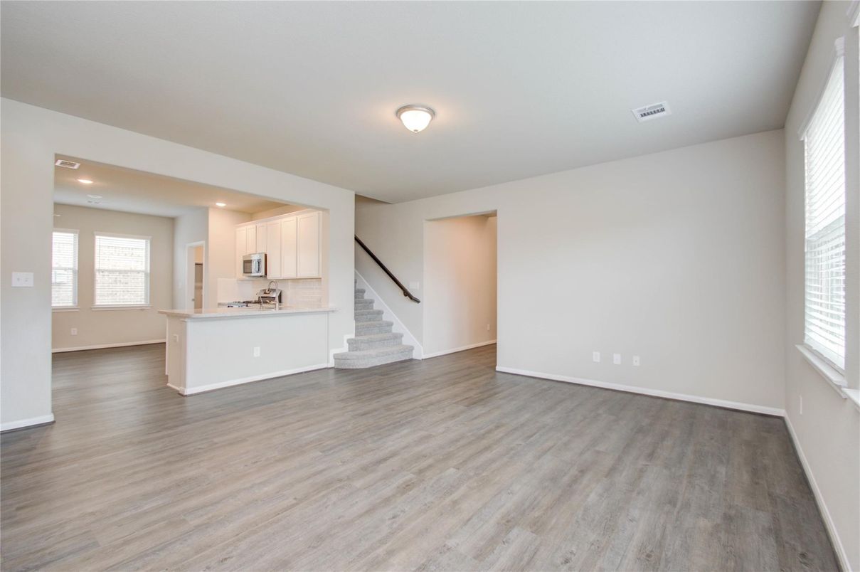 Empty room, Interior, Kitchen, Recessed Lighting, Wood Texture Flooring