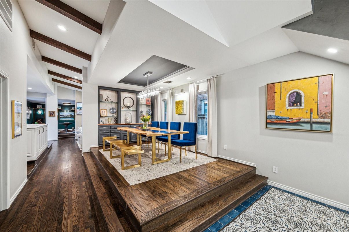 Dining room, Game Room, Interior, Pendant Lights, Recessed Lighting, Wooden Beams, Wood Texture Flooring