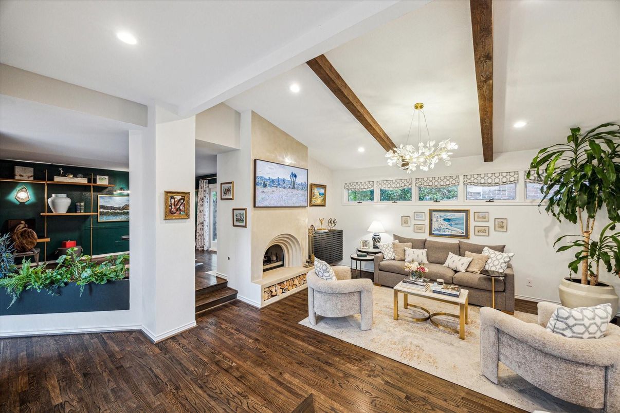 Fireplace, Interior, Living room, Pendant Lights, Recessed Lighting, Wooden Beams, Wood Texture Flooring