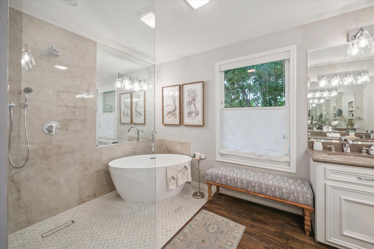 Bathroom, Free Standing Baths, Glass Shower, Interior, Recessed Lighting, Wood Texture Flooring