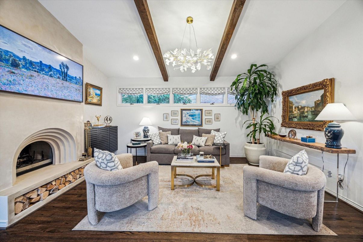 Fireplace, Interior, Living room, Pendant Lights, Recessed Lighting, Wooden Beams, Wood Texture Flooring