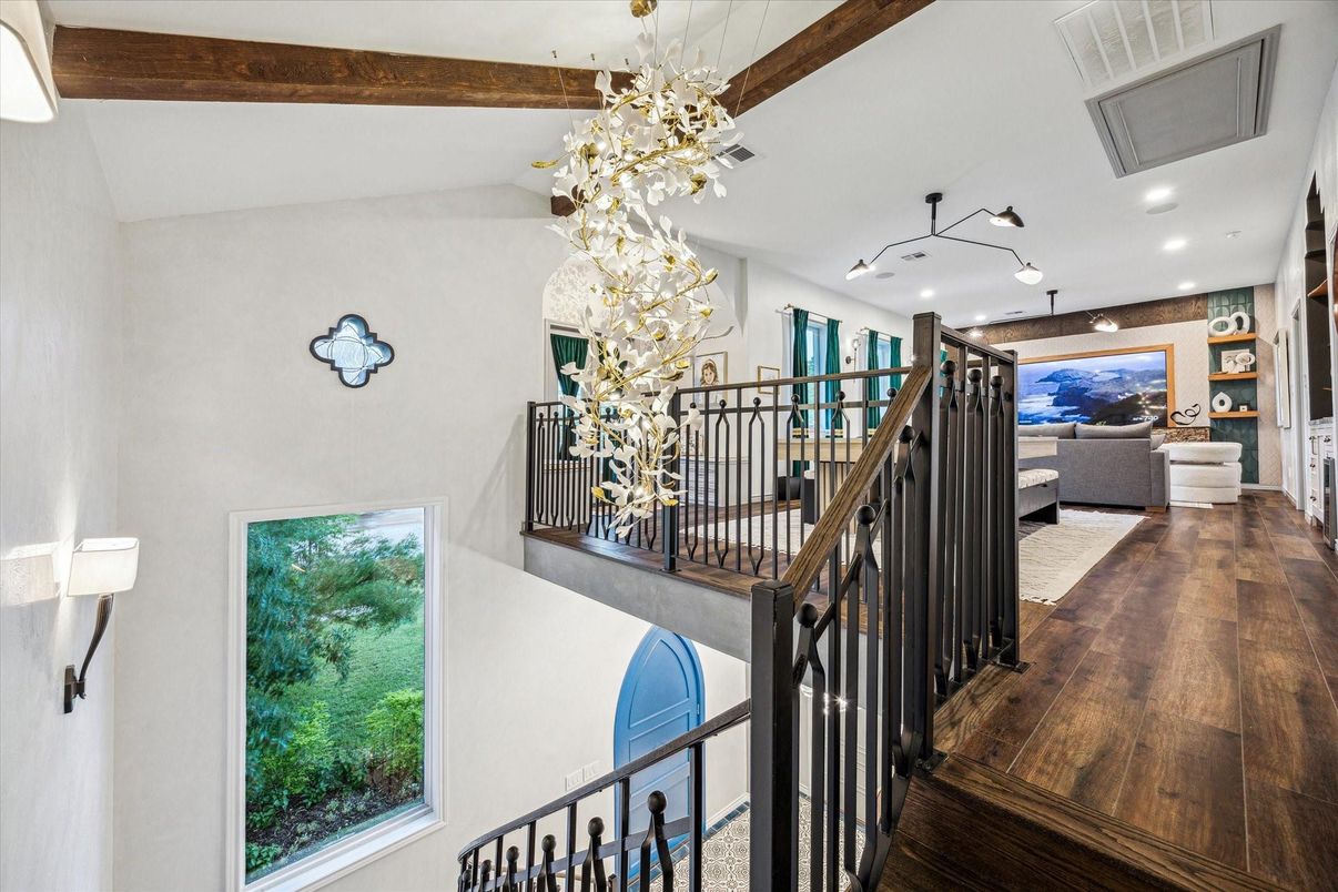 Chandelier, Interior, Pendant Lights, Recessed Lighting, Wooden Beams, Wood Texture Flooring