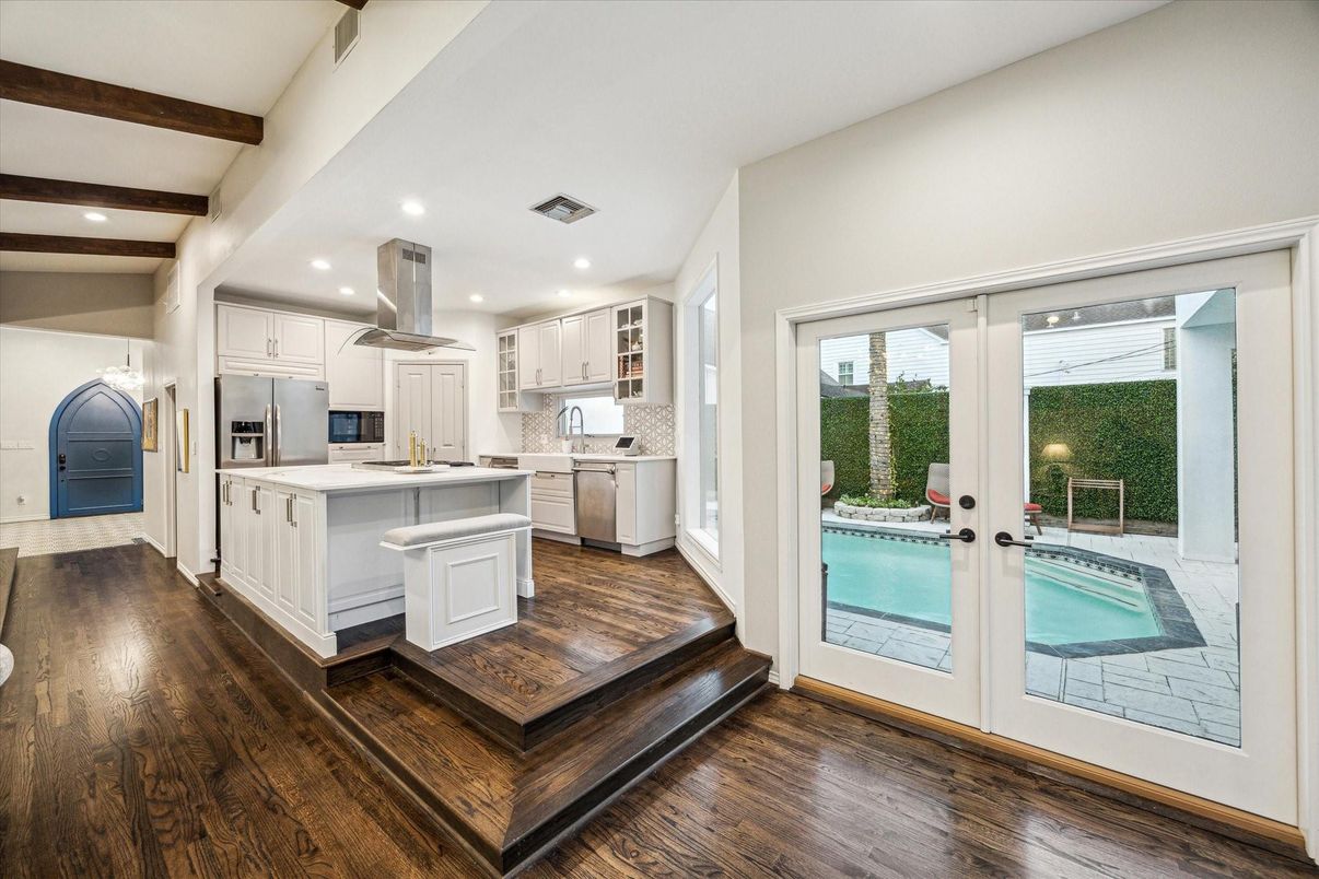 Interior, Kitchen, Recessed Lighting, Wooden Beams, Wood Texture Flooring