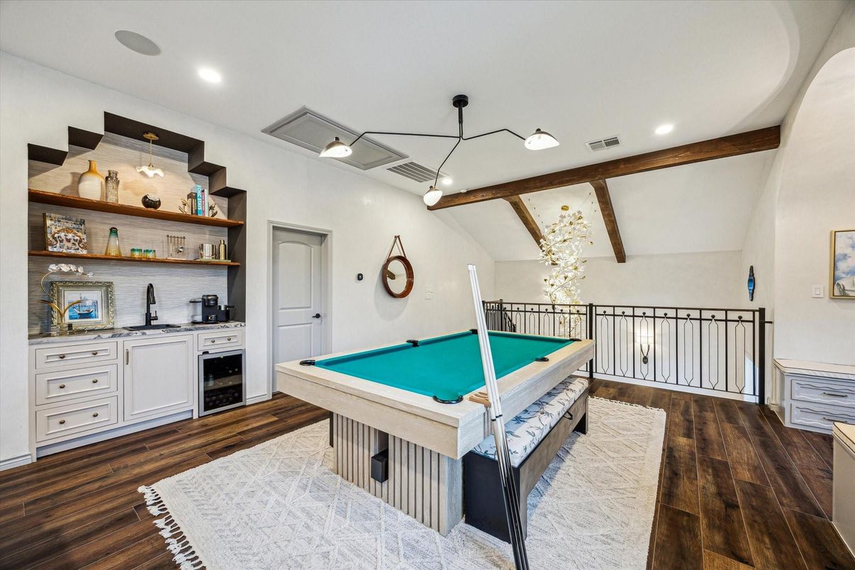 Billiard Table, Game Room, Interior, Pendant Lights, Recessed Lighting, Wooden Beams, Wood Texture Flooring