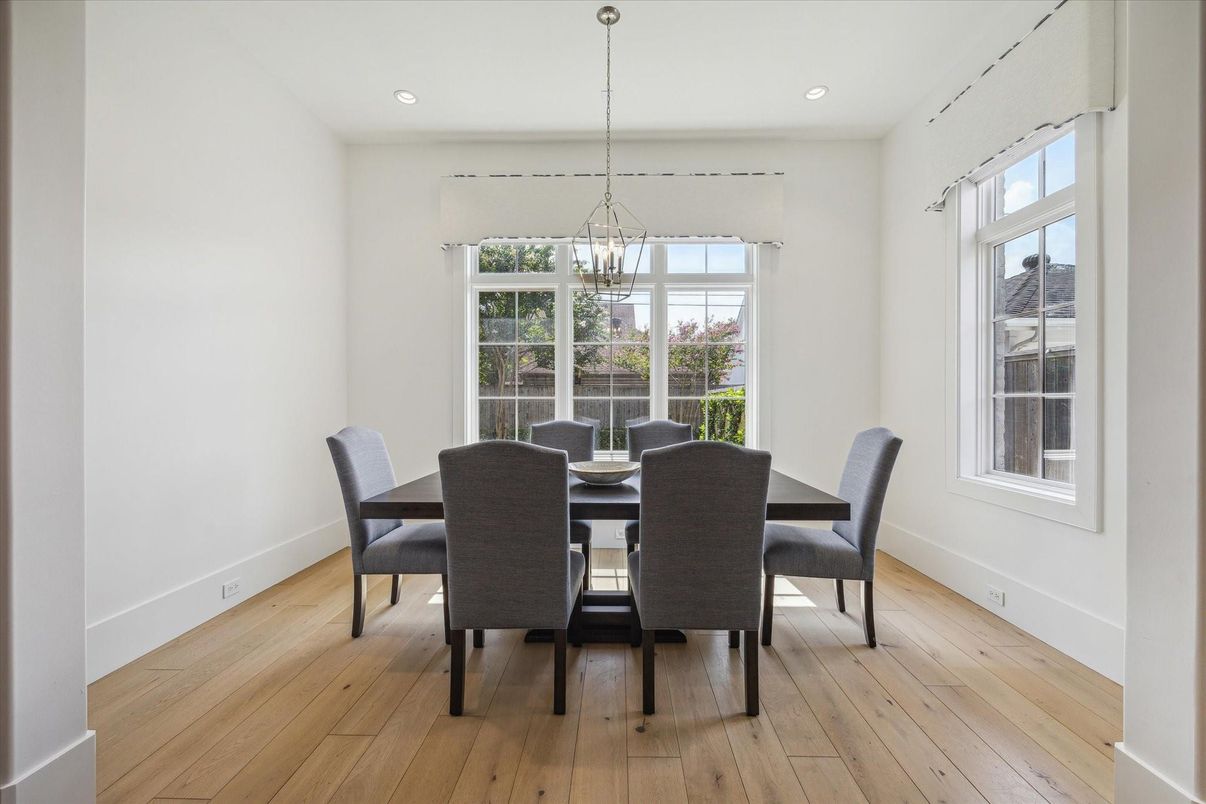 Dining room, Interior, Pendant Lights, Recessed Lighting, Wood Texture Flooring
