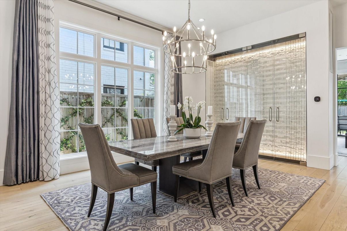 Dining room, Interior, Pendant Lights, Wood Texture Flooring