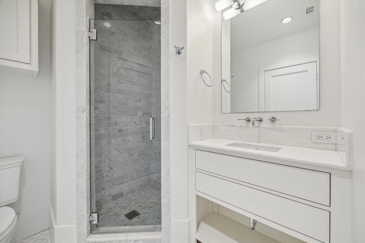 Bathroom, Glass Shower, Interior, Marble Walls, Recessed Lighting
