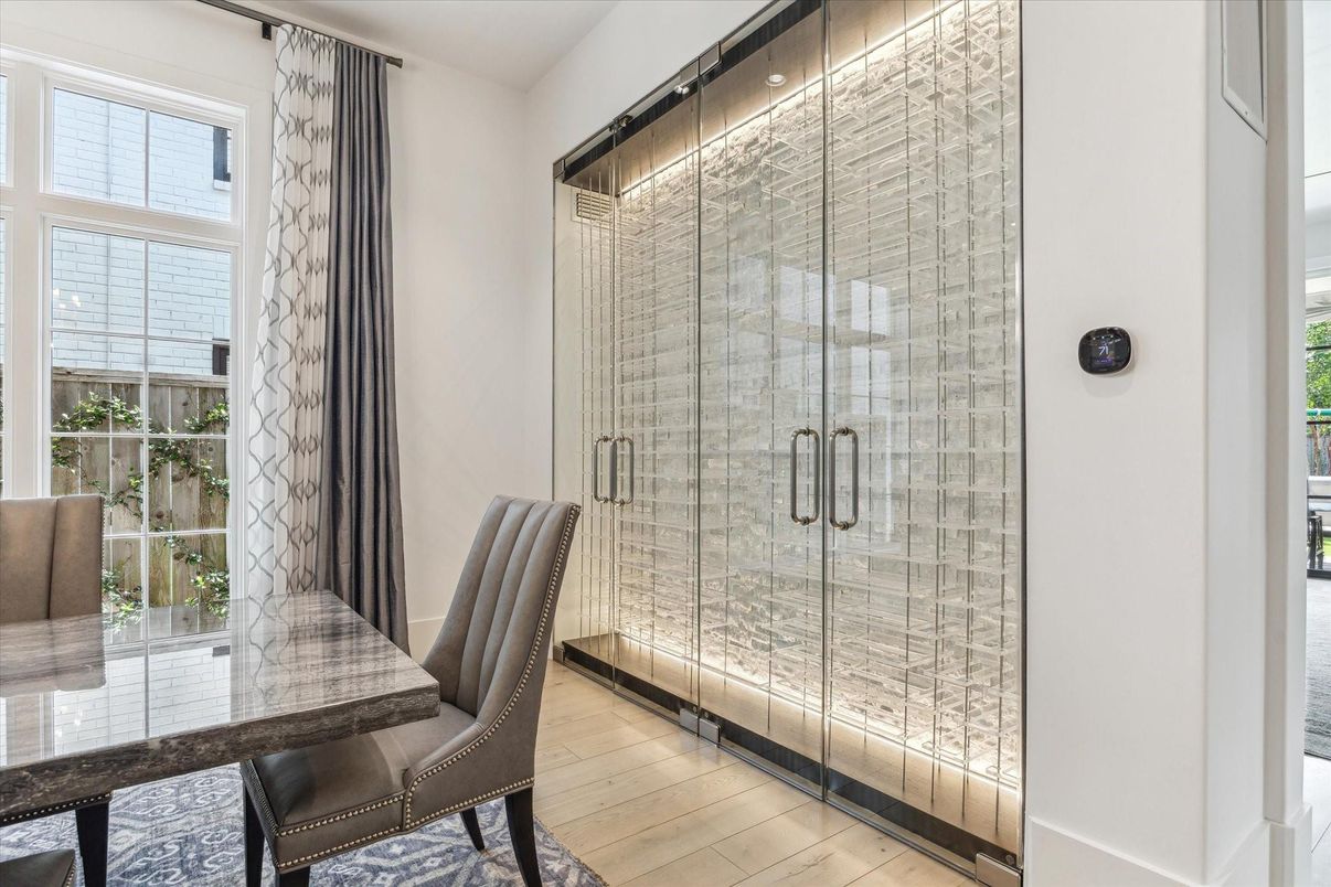Bathroom, Dining room, Glass Shower, Interior, Wood Texture Flooring
