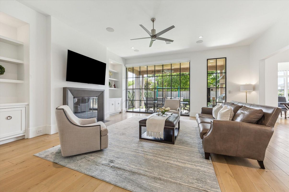 Fireplace, Interior, Living room, Recessed Lighting, Wood Texture Flooring