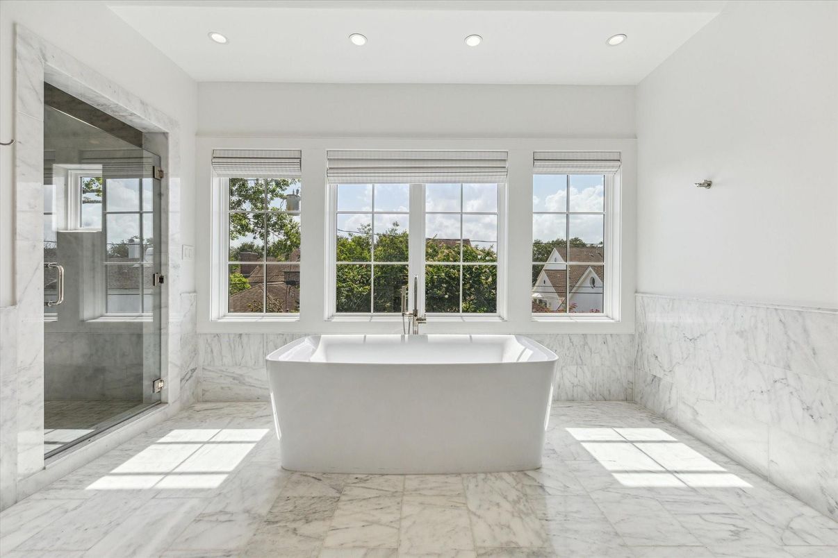 Bathroom, Free Standing Baths, Glass Shower, Interior, Marble, Marble Walls, Recessed Lighting