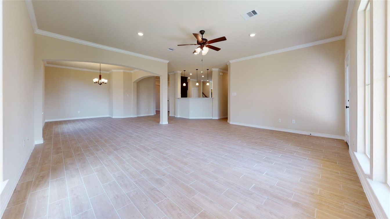 Chandelier, Empty room, Interior, Pendant Lights, Recessed Lighting, Wood Texture Flooring